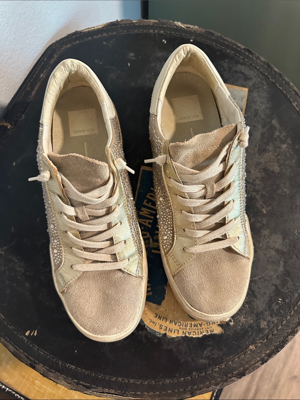 Dolce Vita Beige Champagne Suede Rhinestone Lace-Up Sneakers